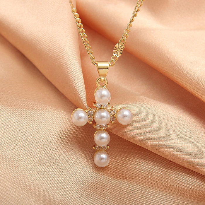 Basic Vintage Style Pentagram Cross Heart Shape Copper Gold Plated Artificial Pearls Zircon Pendant Necklace In Bulk