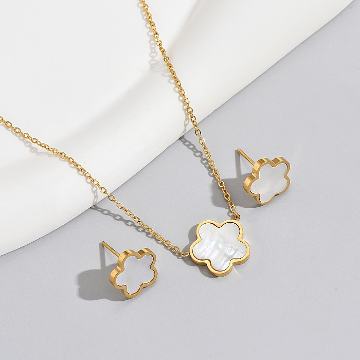 3 Pieces Fashion Flower Stainless Steel Inlay Acrylic Shell 14K Gold Plated Valentine'S Day Women'S Earrings Necklace