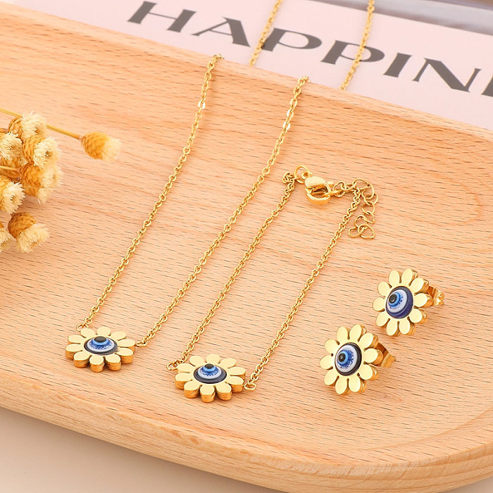 Casual Vacation Sunflower Eye Titanium Steel Plating 18K Gold Plated Jewelry Set