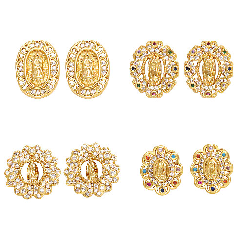 1 Pair Ethnic Style Virgin Mary Oval Copper Plating Inlay Zircon Ear Studs