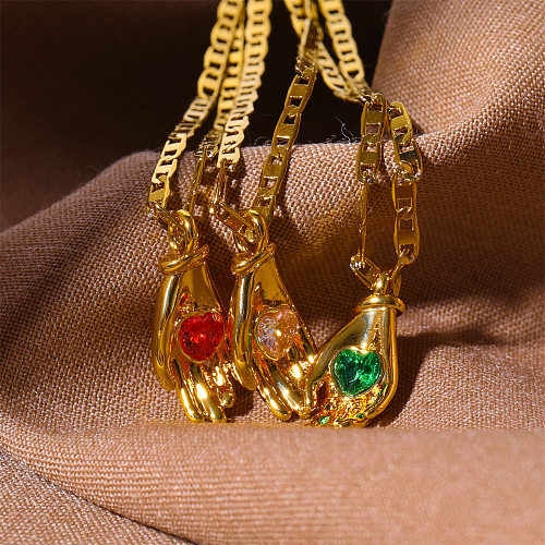 Retro Streetwear Palm Copper Plating Inlay Zircon 18K Gold Plated Pendant Necklace