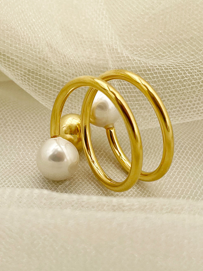 Elegant Round Stainless Steel Gold Plated Artificial Pearls Rings In Bulk