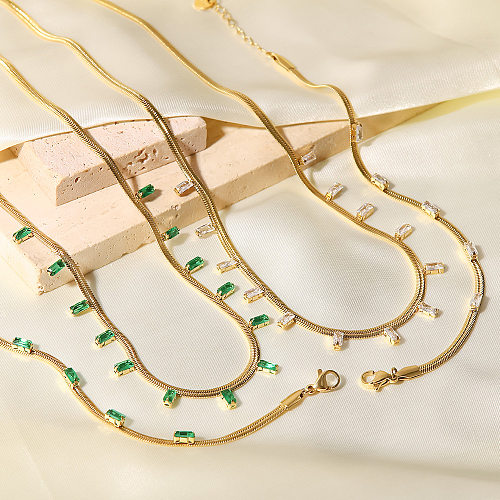Colar de pulseiras de zircão banhado a ouro de aço inoxidável quadrado da moda