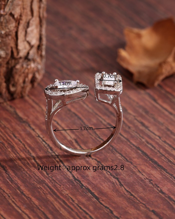 Luxurious French Style Square Water Droplets Copper Asymmetrical Plating Inlay Zircon 18K Gold Plated Open Ring