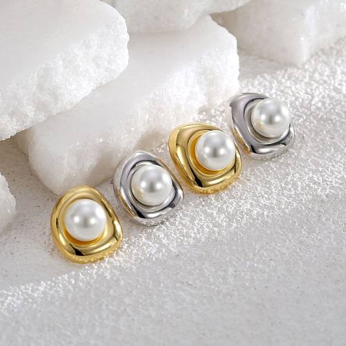 Einfacher Stil, runde Ohrstecker mit Kupfereinlage und künstlichen Perlen, 1 Paar