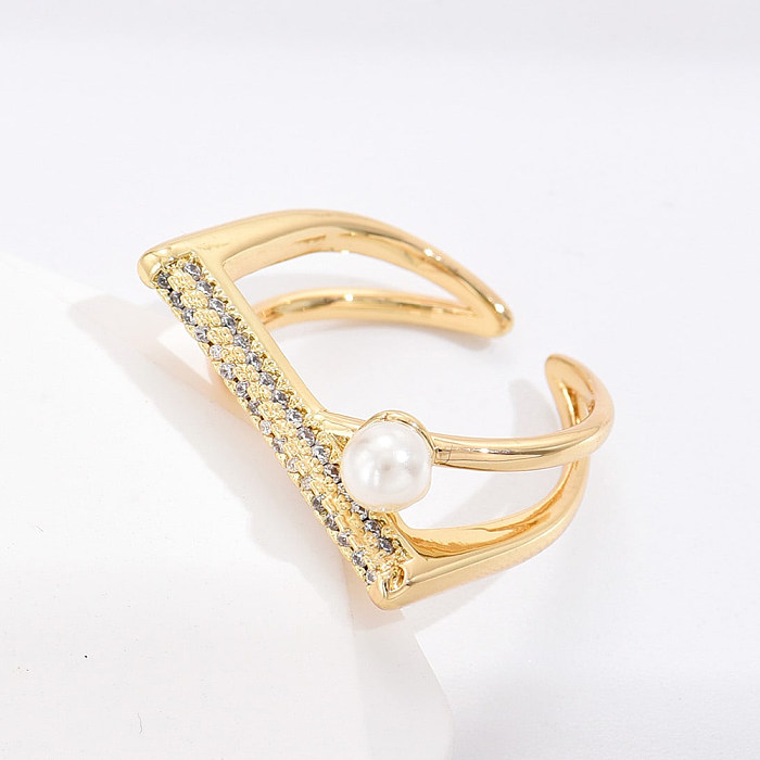 Fashion Geometric Copper Gold Plated Artificial Pearls Zircon Open Ring 1 Piece