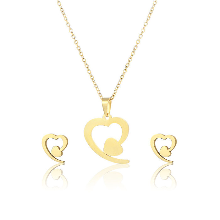 Ensemble de bijoux en forme de cœur en acier inoxydable, Style Simple, estampage métallique brillant, 1 ensemble