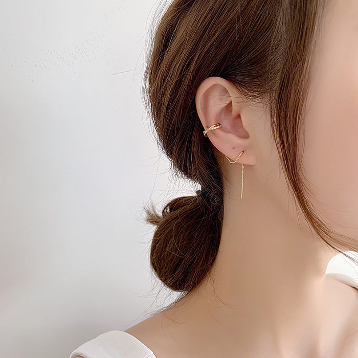 Long Tassel Micro-inlaid Zircon Bow Knot Cross Half Round Ear Bone Clip