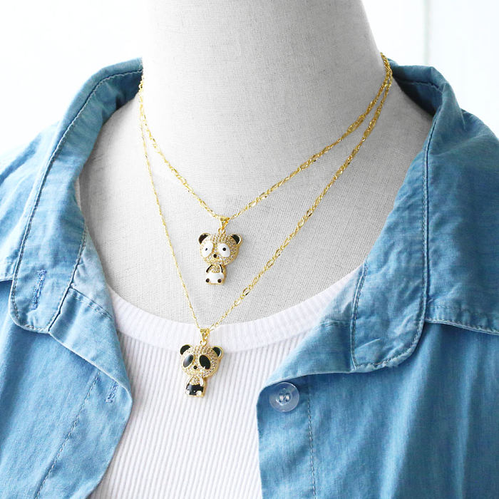 Niedliche Panda-Anhänger-Halskette mit Kupfer-Emaille-Beschichtung und Zirkon-18-Karat-Vergoldung