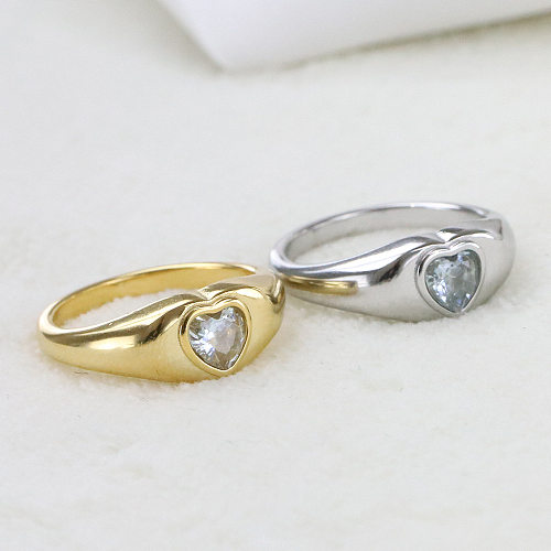 Anéis de zircão com revestimento de aço inoxidável em formato de coração da moda