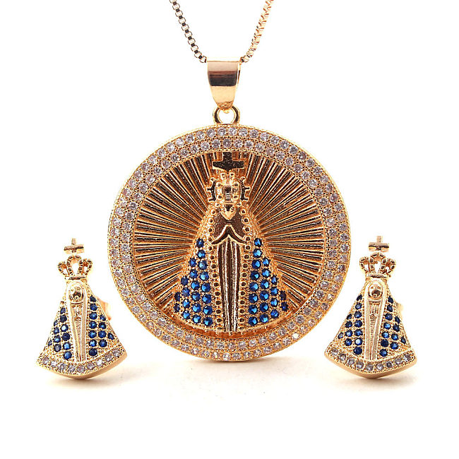 IG Style Human Round Copper Plating Inlay Zircon Gold Plated Earrings Necklace Jewelry Set