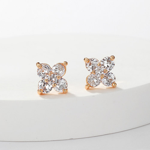 1 Pair Simple Style Four Leaf Clover Copper Plating Inlay Zircon 18K Gold Plated Ear Studs