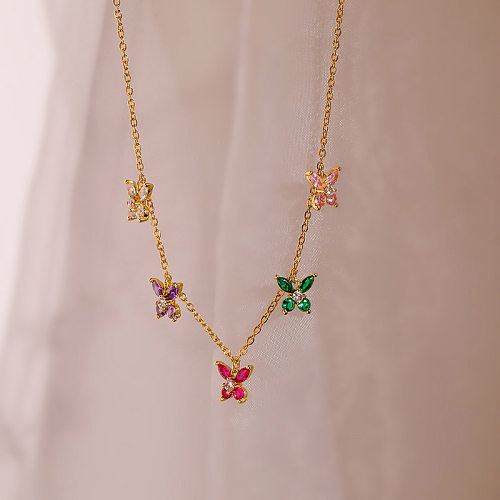 Lässige, süße Schmetterlings-Anhänger-Halskette mit Inlay-Zirkon-18-Karat-Gold-Beschichtung