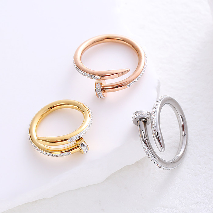 Simple Style Solid Color Stainless Steel Plating Inlay Rhinestones 24K Gold Plated Open Ring