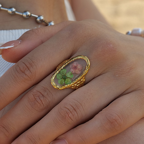 Elegante offene Ringe mit Retro-Blumen-Edelstahlbeschichtung und 18-Karat-Vergoldung
