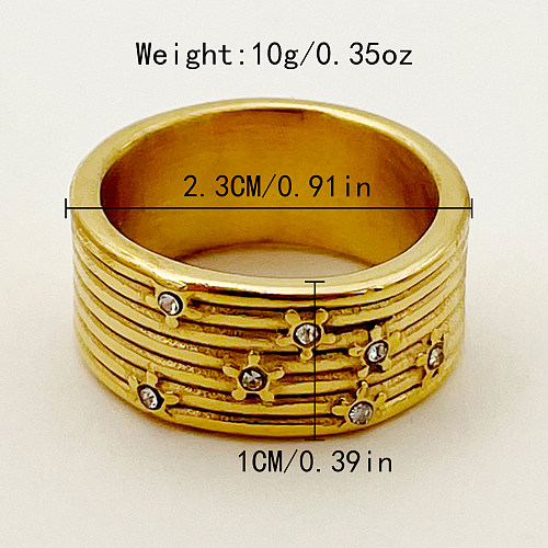 Estilo retro simples cor sólida chapeamento de aço inoxidável strass anéis banhados a ouro