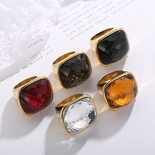 Fashion Square Stainless Steel Polishing Inlay Crystal Glass Rings 1 Piece