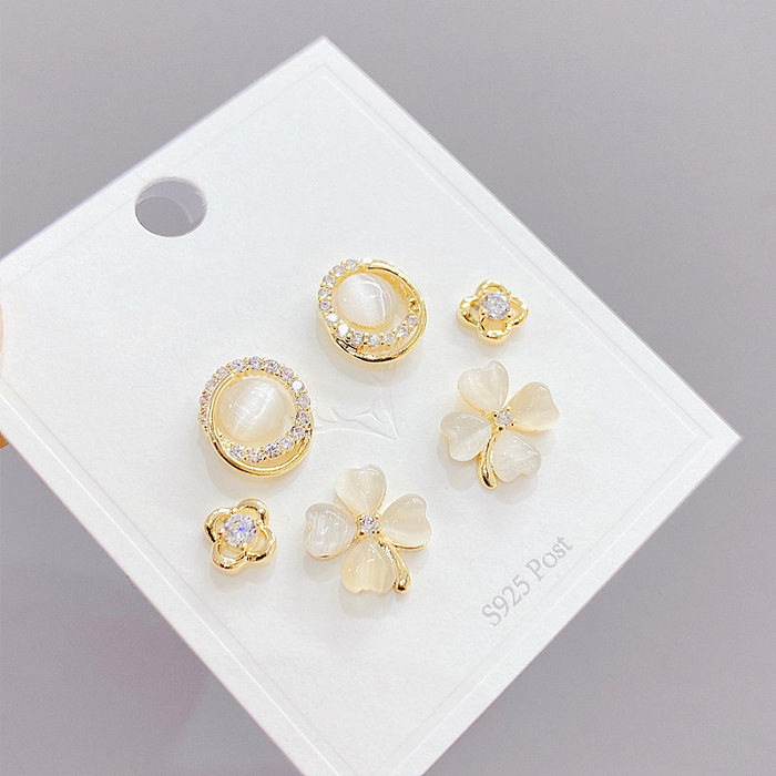 Fashion Flower Copper Ear Studs Plating Inlay Zircon Copper Earrings 3 Pairs