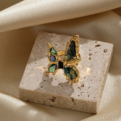 Offene Ringe mit Retro-Tier-Schmetterling, Kupferbeschichtung, Inlay, Muschel, Zirkon, 18 Karat vergoldet