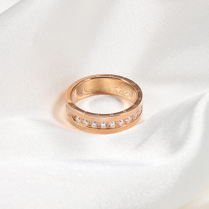 Lady Letter Stainless Steel Inlay Zircon Rose Gold Plated Rings