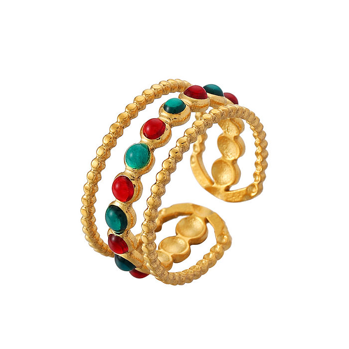 Modischer offener Ring mit mehrfarbigen Tupfen, Edelstahlbeschichtung, ausgehöhltem Inlay, künstlichen Edelsteinen, 1 Stück