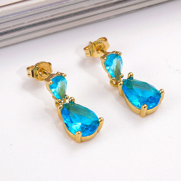 1 Pair Elegant Retro Water Droplets Plating Inlay Copper Zircon 18K Gold Plated Drop Earrings