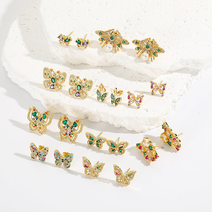 1 Pair Simple Style Butterfly Inlay Copper Zircon Ear Studs