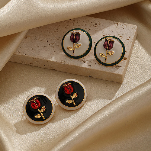 1 paire de clous d'oreilles ronds de Style IG, plaqués émail Rose peints en cuivre plaqué or 18 carats