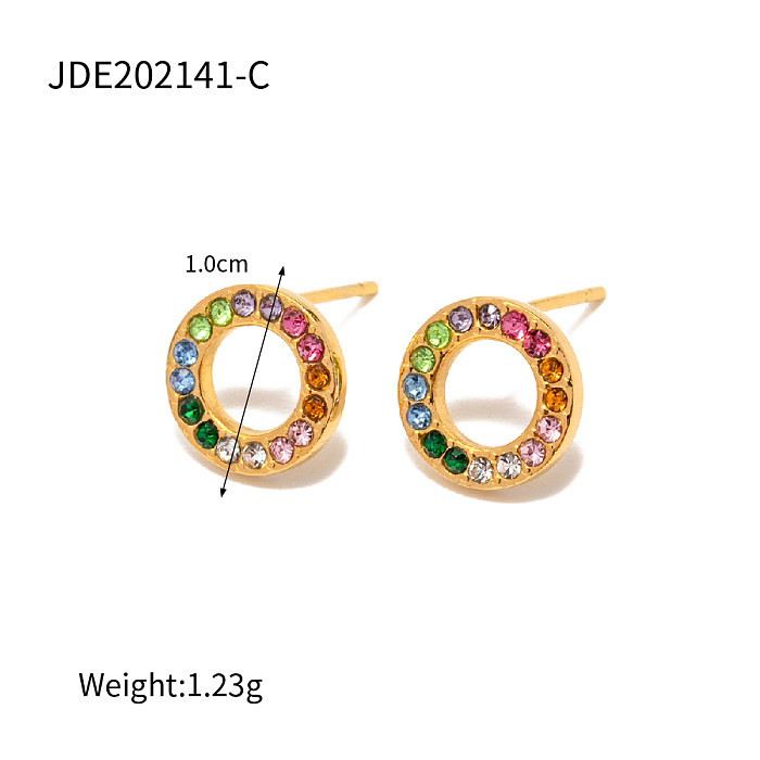INS Style Retro Circle Stainless Steel Inlay Zircon 18K Gold Plated Earrings Necklace