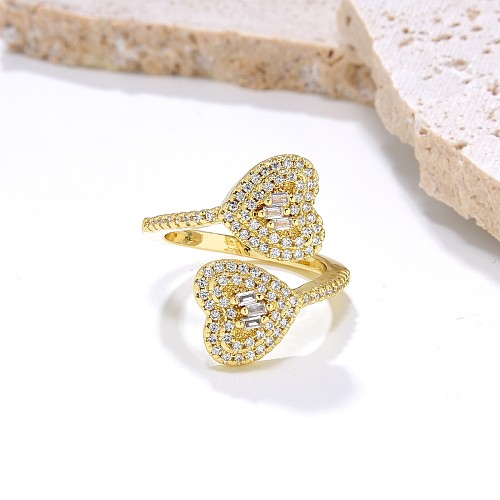 Elegant Shiny Heart Shape Copper Plating Inlay Zircon Gold Plated Open Ring