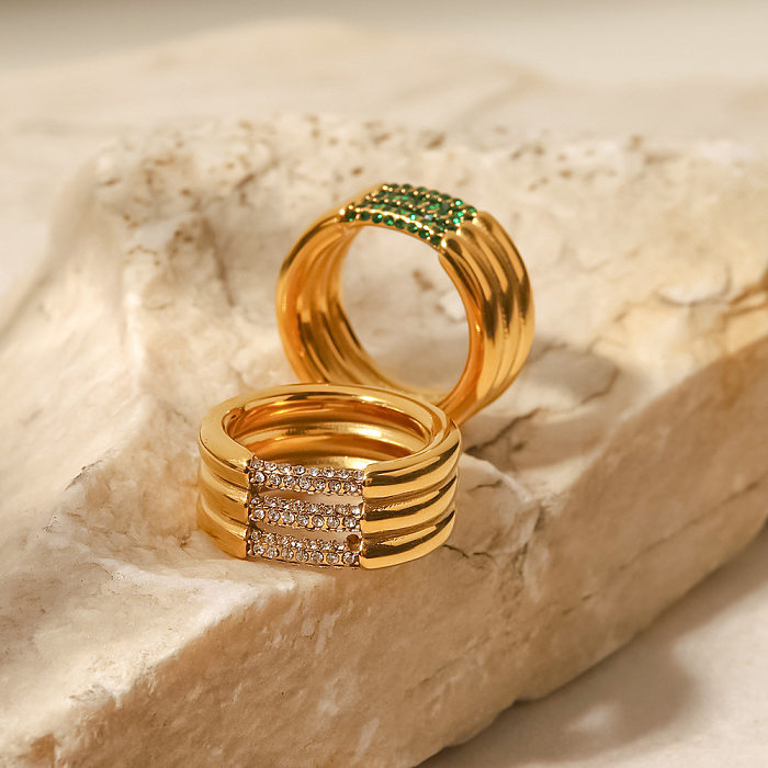 Modische runde Edelstahl-Inlay-Ringe mit künstlichem Diamant, 1 Stück