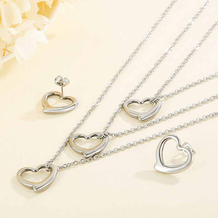 Hollow Heart-shaped Three-layer Necklace Clavicle Chain Earrings Set Titanium Steel Set