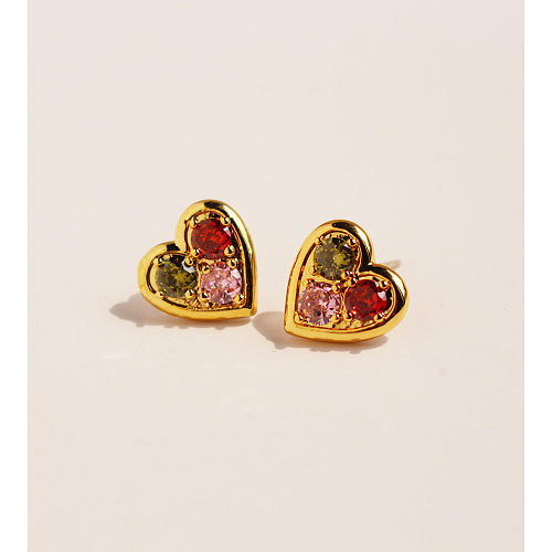 1 Pair Sweet Heart Shape Brass Plating Inlay Zircon Ear Studs