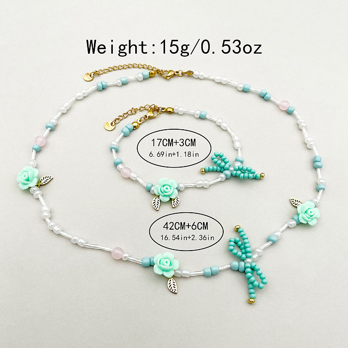 Sweet Leaf Flower Bow Knot Stainless Steel Beaded Plating Hollow Out Gold Plated Bracelets Necklace