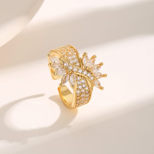 Glam estilo vintage luxuoso pétala cobre chapeamento incrustado zircão anéis abertos banhados a ouro 18K