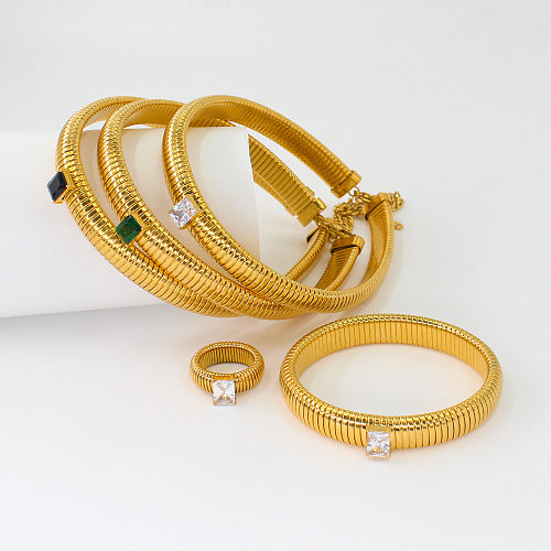Retro French Style Round Square Titanium Steel Inlay Zircon Rings Bracelets Necklace