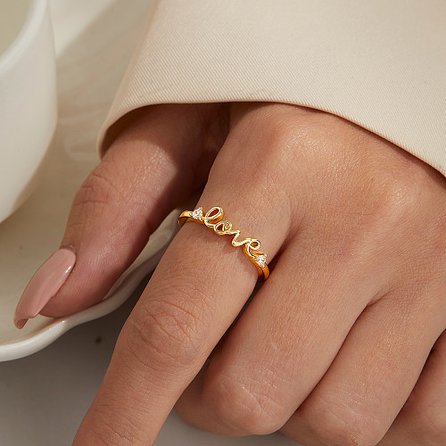 Fashion Love Letter Copper Plating Zircon Open Ring 1 Piece