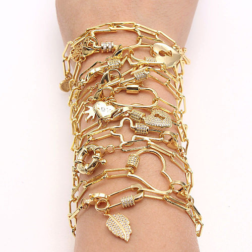 Simple Style Hand Heart Shape Copper Zircon Gold Plated Bracelets