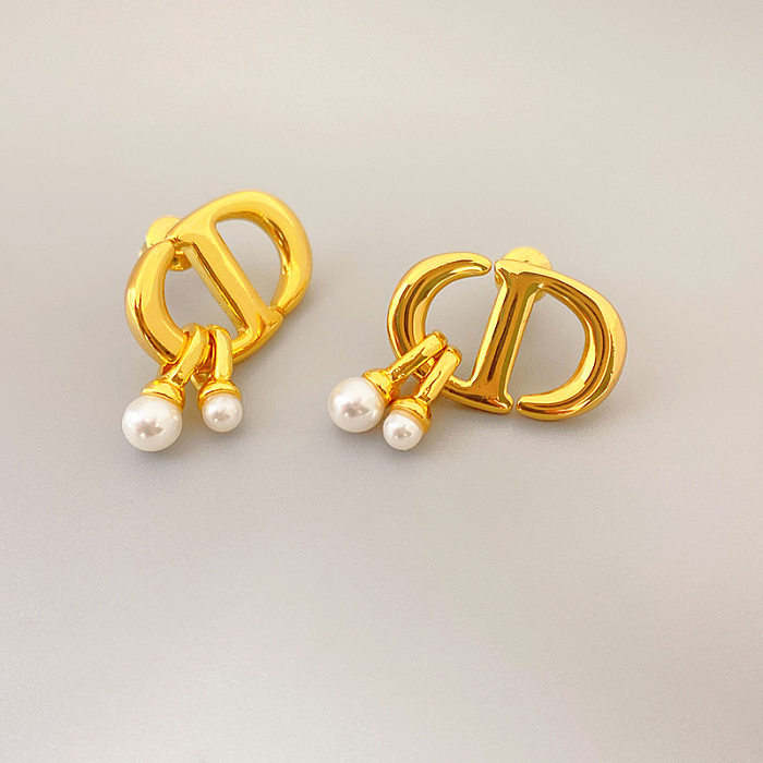 Clous d'oreilles en perles artificielles avec incrustation de cuivre avec lettres à la mode, 1 paire