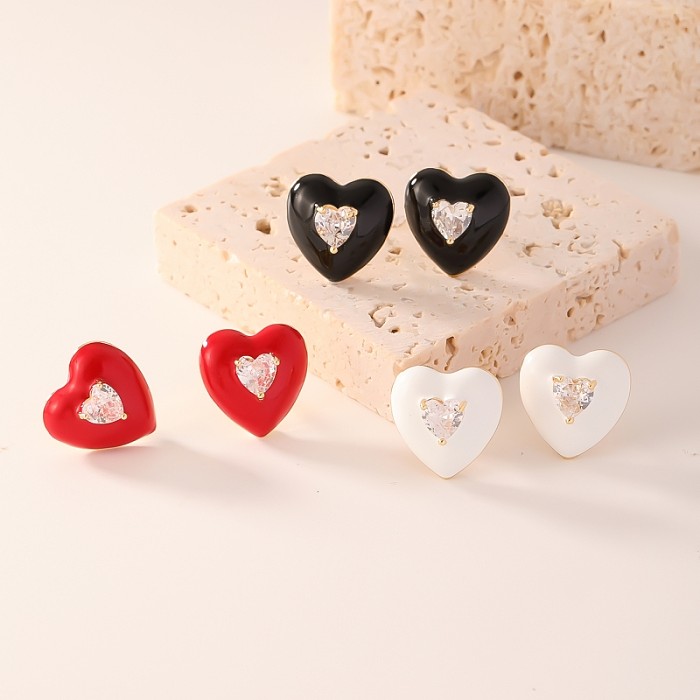 1 Paar süße schlichte Herzform-Emaille-Inlay-Kupfer-Zirkon-Ohrstecker