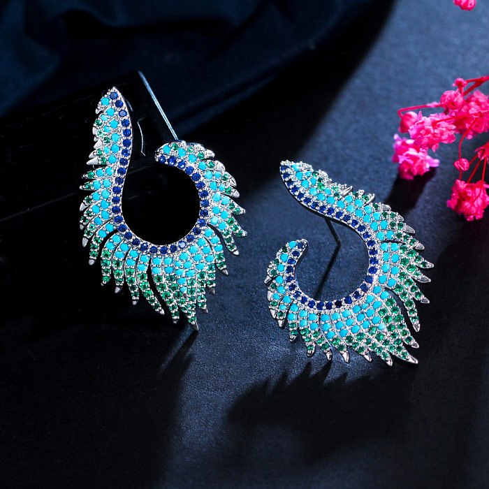 1 Pair Shiny Feather Plating Inlay Copper Zircon White Gold Plated Rhodium Plated Ear Studs