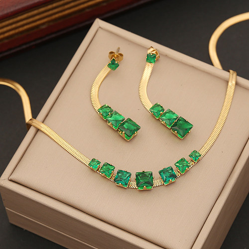 Elegante quadrado de aço inoxidável chapeamento incrustação de pedras preciosas artificiais pulseiras brincos colar