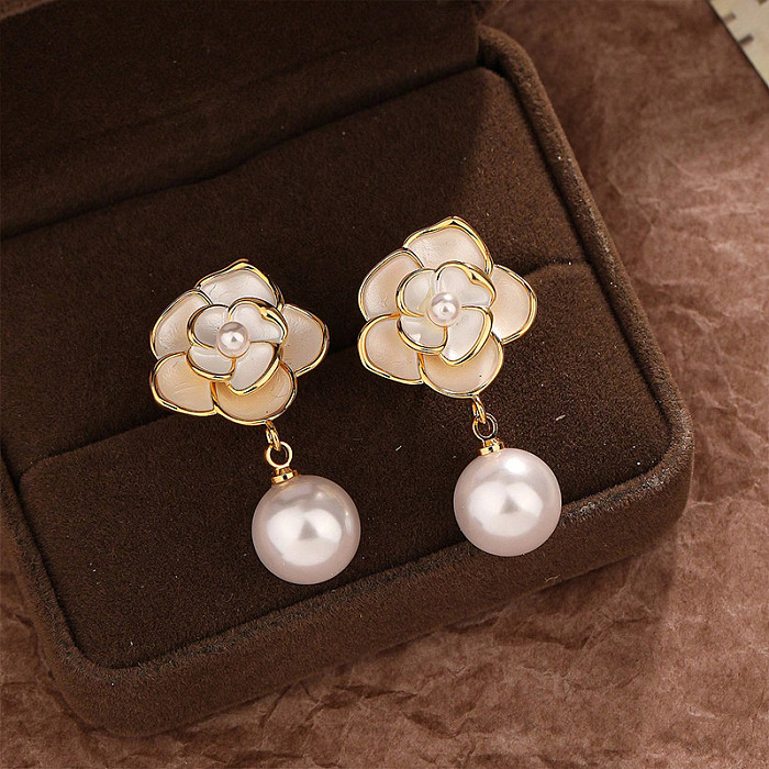 1 Pair Elegant Retro Flower Painted Enamel Imitation Pearl Copper Drop Earrings