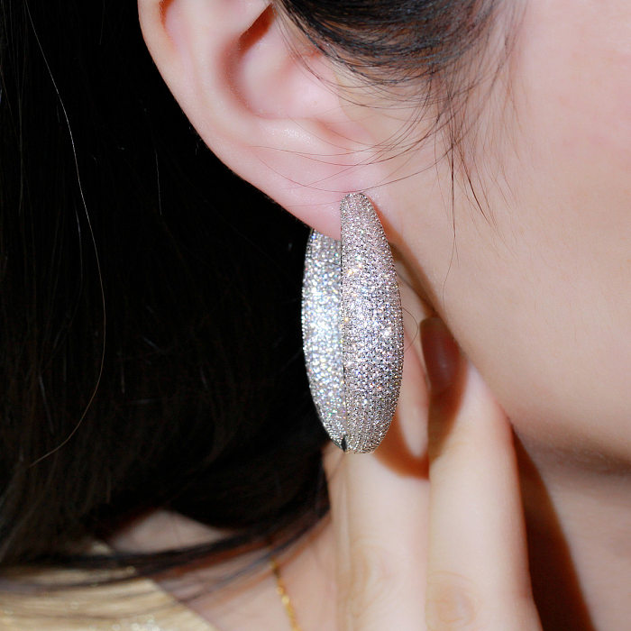 Boucles d'oreilles luxueuses, 1 paire, incrustation ronde en cuivre, pierres précieuses artificielles, plaqué argent