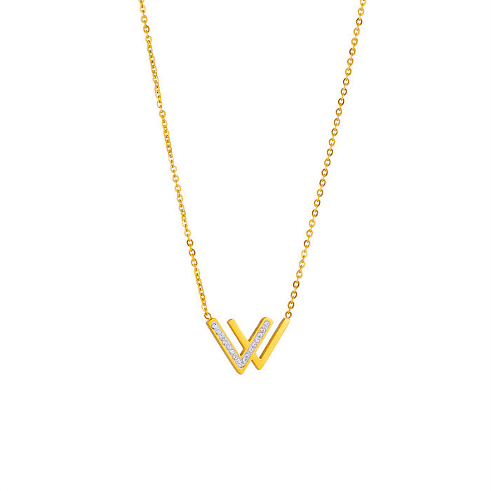Simple Style V Shape Titanium Steel Inlay Zircon 18K Gold Plated Necklace