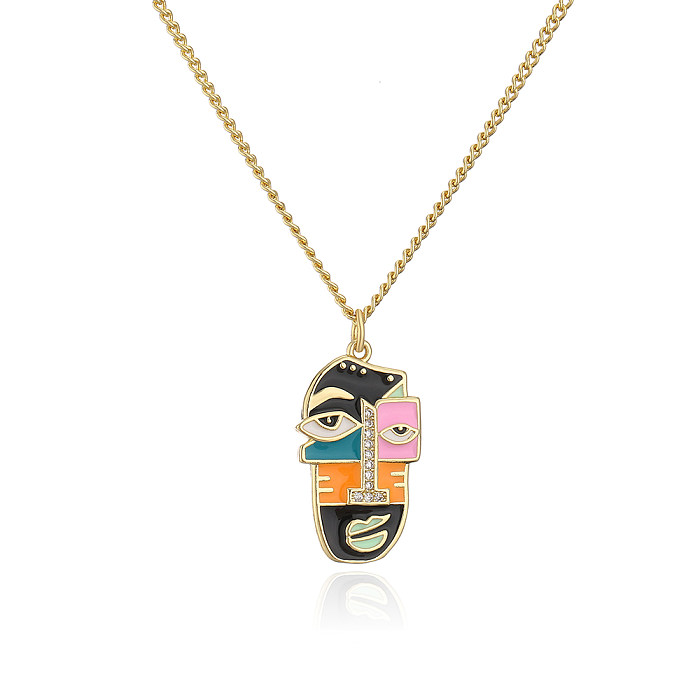 INS Style Commute Human Face Copper Enamel Plating Inlay Zircon 18K Gold Plated Pendant Necklace