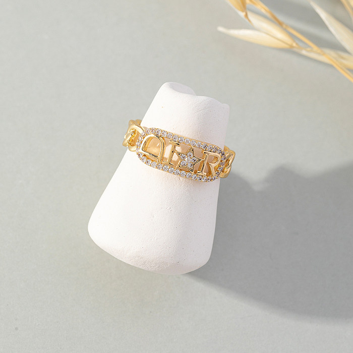 Simple Style Letter Copper Artificial Gemstones Open Ring In Bulk