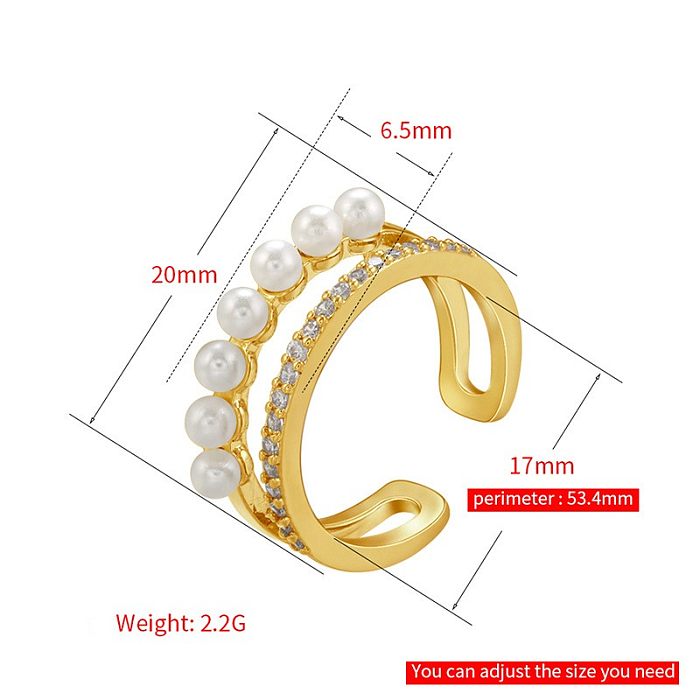 Modischer offener Ring mit geometrischer Messingbeschichtung, künstlichen Perlen und Zirkon, 1 Stück