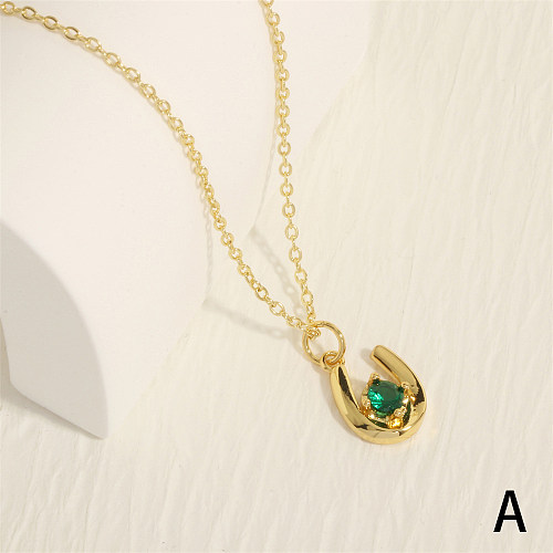 Simple Style U Shape Copper Plating Inlay Zircon 18K Gold Plated Pendant Necklace