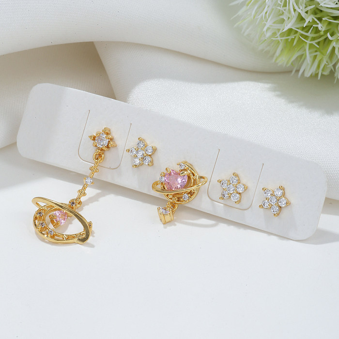 Fashion Moon Flower Copper Inlay Zircon Drop Earrings 5 Piece Set